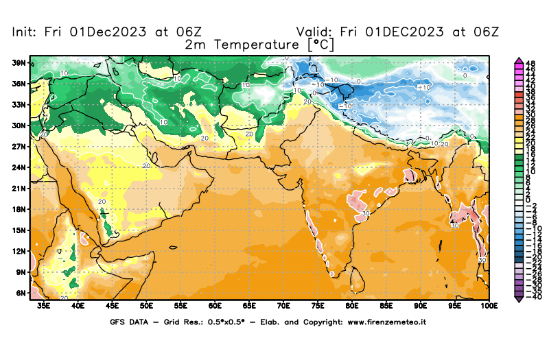 Mappa di analisi GFS - Temperatura a 2 metri dal suolo in Asia Sud-Occidentale
							del 1 dicembre 2023 z06