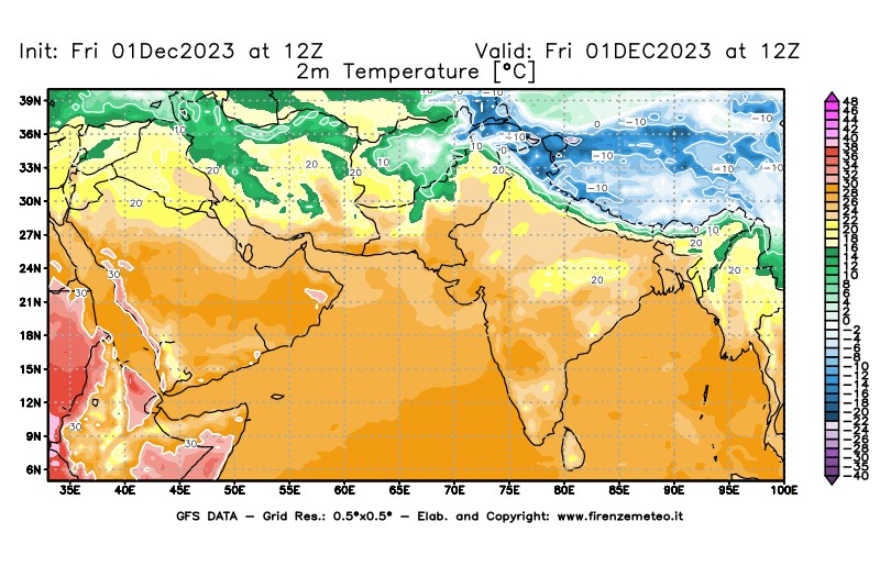 Mappa di analisi GFS - Temperatura a 2 metri dal suolo in Asia Sud-Occidentale
							del 1 dicembre 2023 z12