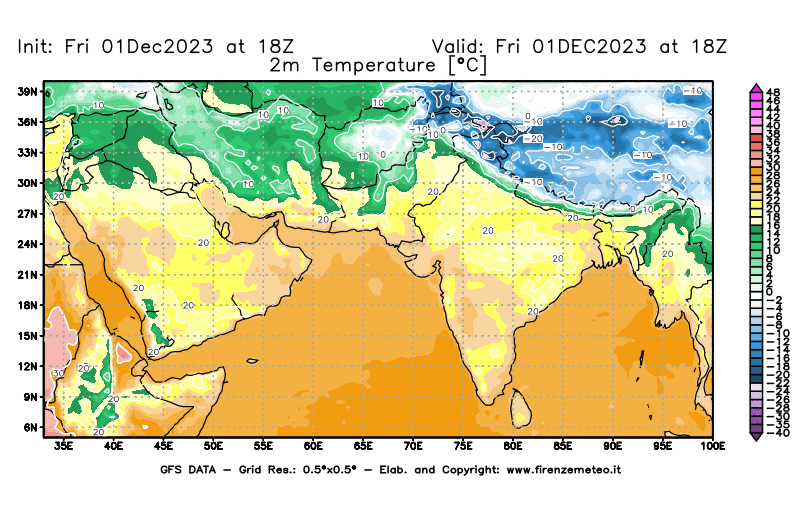 Mappa di analisi GFS - Temperatura a 2 metri dal suolo in Asia Sud-Occidentale
							del 1 dicembre 2023 z18