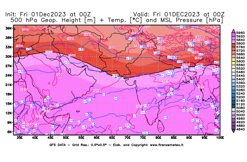 GFS analysi map - Geopotential + Temp. at 500 hPa + Sea Level Pressure in South West Asia 
									on December 1, 2023 H00