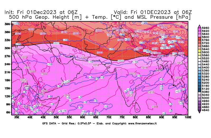 GFS analysi map - Geopotential + Temp. at 500 hPa + Sea Level Pressure in South West Asia 
									on December 1, 2023 H06