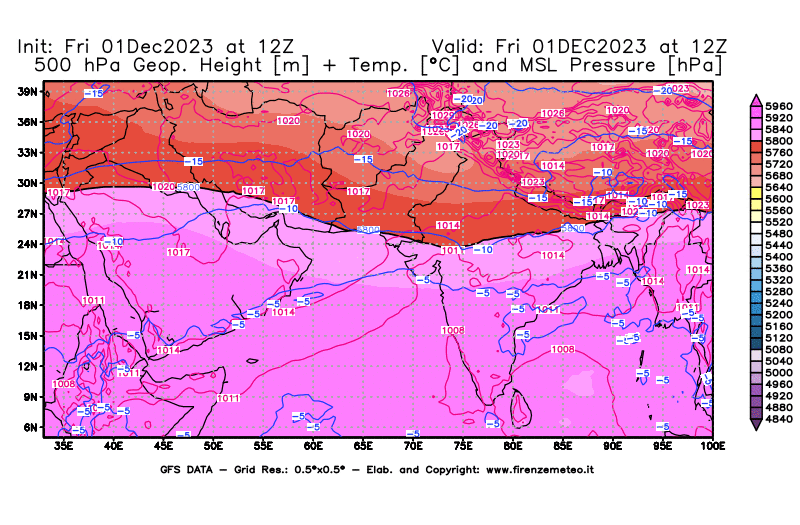 GFS analysi map - Geopotential + Temp. at 500 hPa + Sea Level Pressure in South West Asia 
									on December 1, 2023 H12