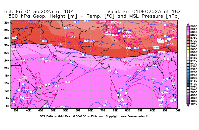 GFS analysi map - Geopotential + Temp. at 500 hPa + Sea Level Pressure in South West Asia 
									on December 1, 2023 H18