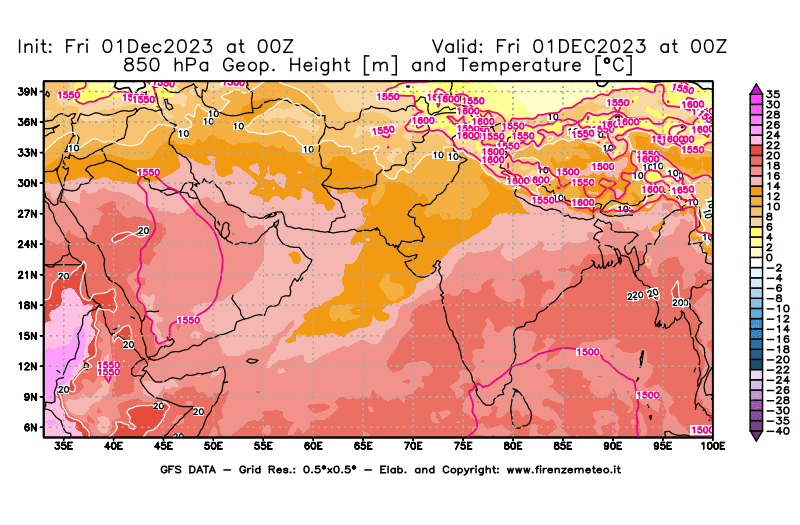GFS analysi map - Geopotential and Temperature at 850 hPa in South West Asia 
									on December 1, 2023 H00