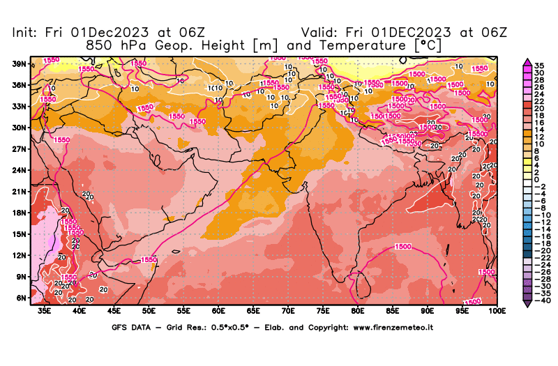 Mappa di analisi GFS - Geopotenziale e Temperatura a 850 hPa in Asia Sud-Occidentale
							del 1 dicembre 2023 z06