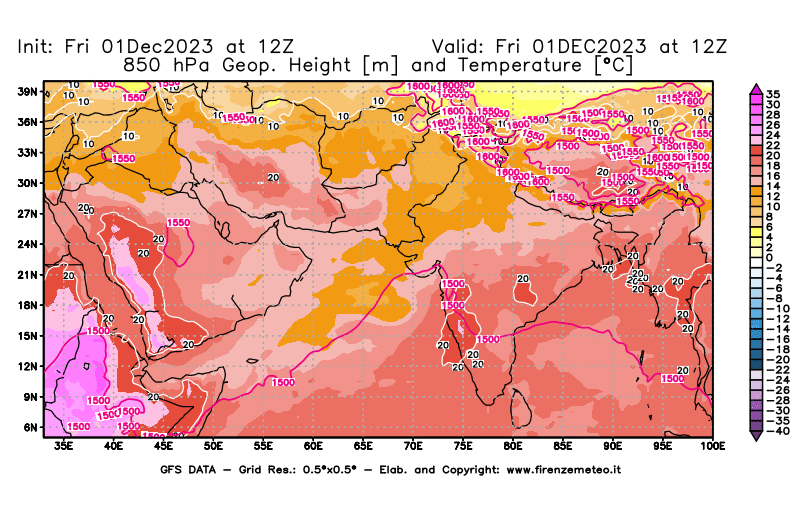 GFS analysi map - Geopotential and Temperature at 850 hPa in South West Asia 
									on December 1, 2023 H12