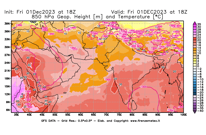 Mappa di analisi GFS - Geopotenziale e Temperatura a 850 hPa in Asia Sud-Occidentale
							del 1 dicembre 2023 z18