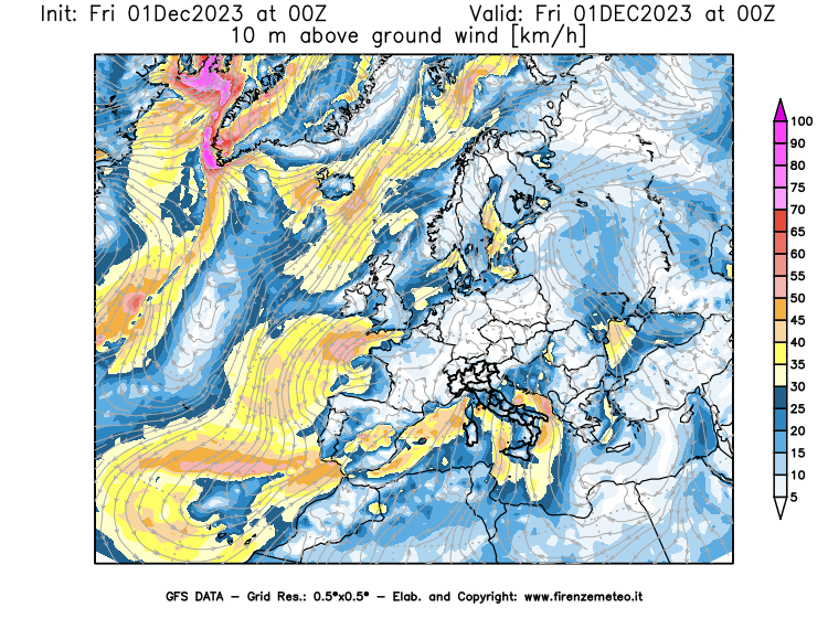 Mappa di analisi GFS - Velocità del vento a 10 metri dal suolo in Europa
							del 1 dicembre 2023 z00