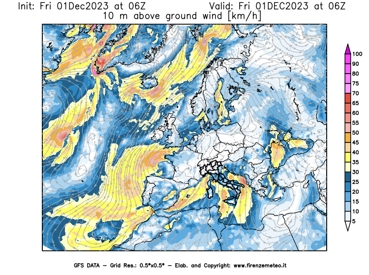 Mappa di analisi GFS - Velocità del vento a 10 metri dal suolo in Europa
							del 1 dicembre 2023 z06