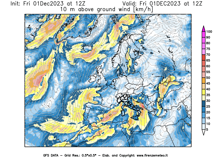Mappa di analisi GFS - Velocità del vento a 10 metri dal suolo in Europa
							del 1 dicembre 2023 z12