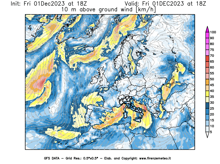 Mappa di analisi GFS - Velocità del vento a 10 metri dal suolo in Europa
							del 1 dicembre 2023 z18