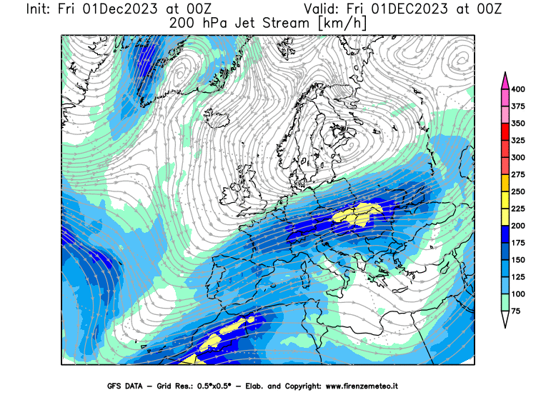 GFS analysi map - Jet Stream at 200 hPa in Europe
									on December 1, 2023 H00