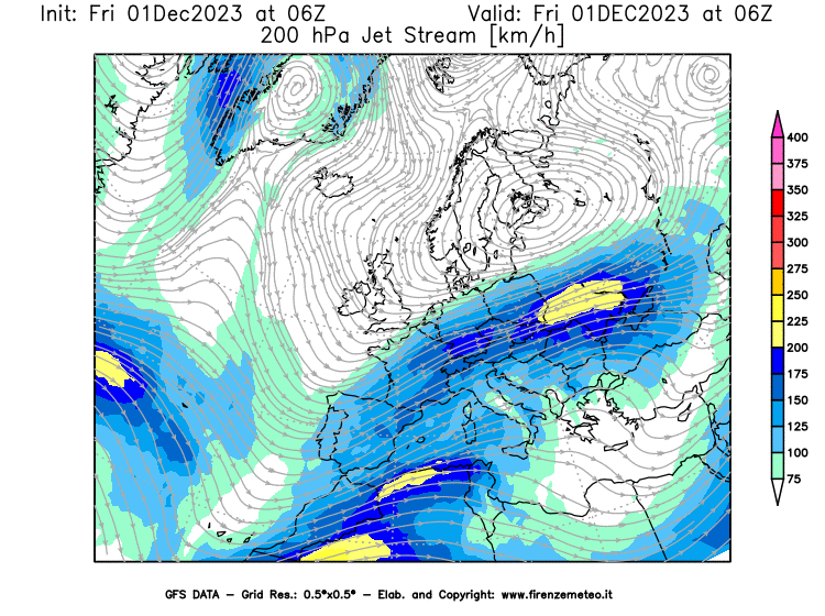 Mappa di analisi GFS - Jet Stream a 200 hPa in Europa
							del 1 dicembre 2023 z06
