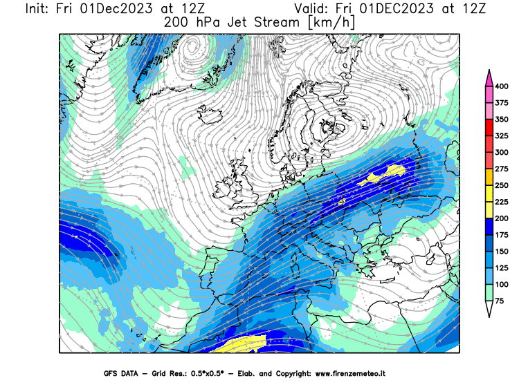 Mappa di analisi GFS - Jet Stream a 200 hPa in Europa
							del 1 dicembre 2023 z12