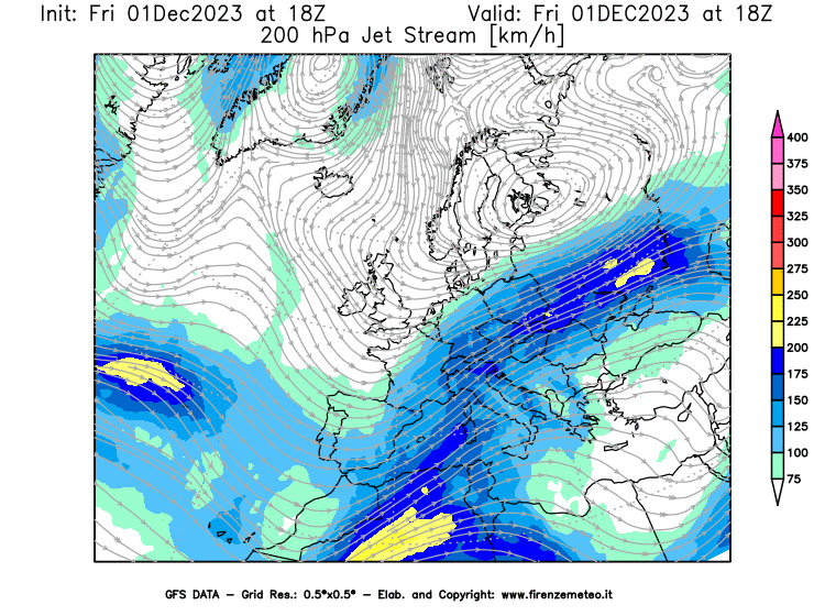 Mappa di analisi GFS - Jet Stream a 200 hPa in Europa
							del 1 dicembre 2023 z18