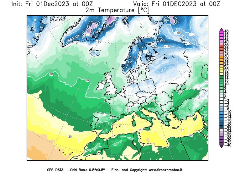 Mappa di analisi GFS - Temperatura a 2 metri dal suolo in Europa
							del 1 dicembre 2023 z00