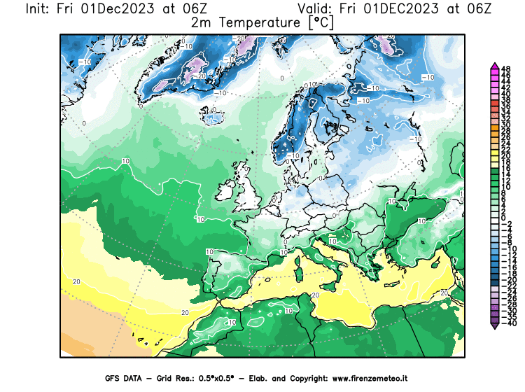 Mappa di analisi GFS - Temperatura a 2 metri dal suolo in Europa
							del 1 dicembre 2023 z06