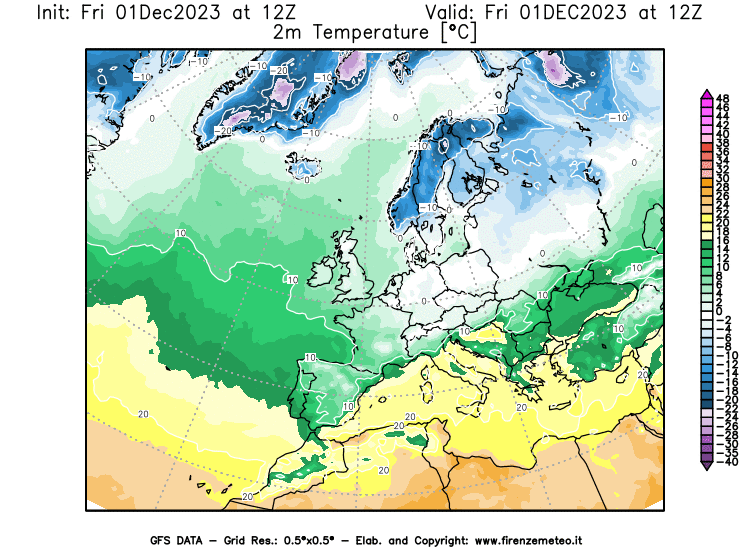 Mappa di analisi GFS - Temperatura a 2 metri dal suolo in Europa
							del 1 dicembre 2023 z12
