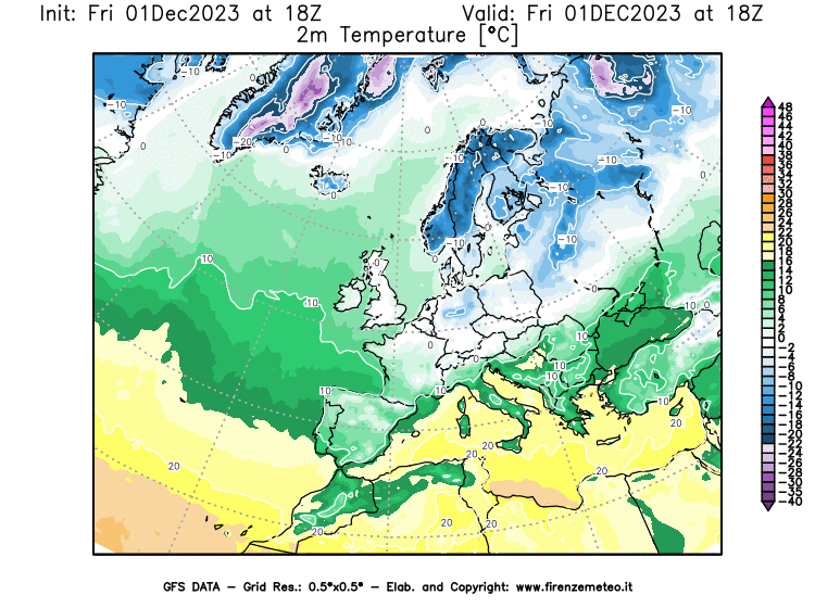 Mappa di analisi GFS - Temperatura a 2 metri dal suolo in Europa
							del 1 dicembre 2023 z18