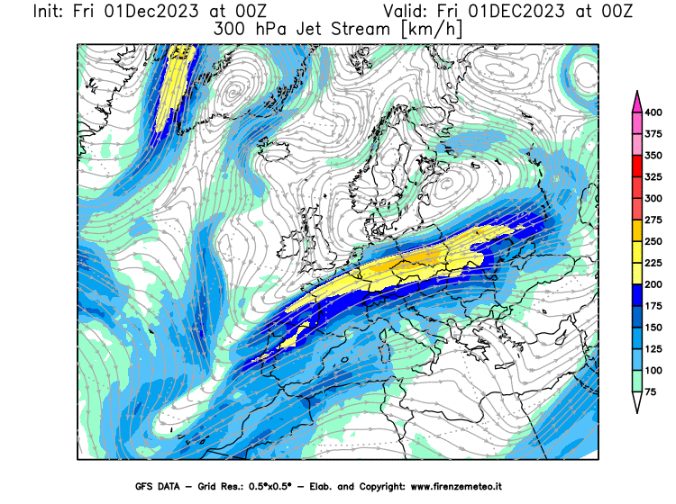 Mappa di analisi GFS - Jet Stream a 300 hPa in Europa
							del 1 dicembre 2023 z00