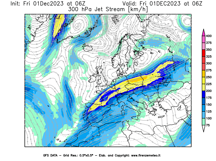 GFS analysi map - Jet Stream at 300 hPa in Europe
									on December 1, 2023 H06