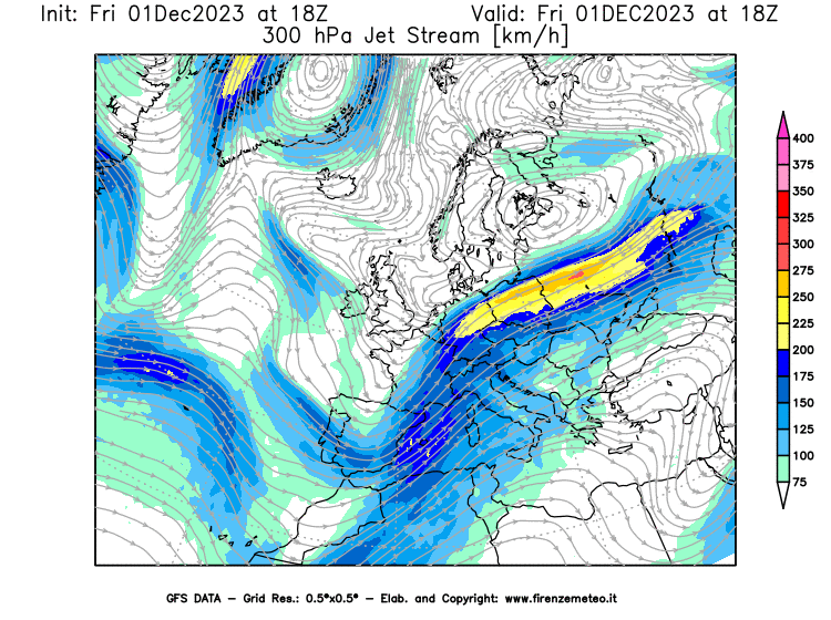 GFS analysi map - Jet Stream at 300 hPa in Europe
									on December 1, 2023 H18