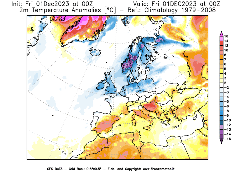 Mappa di analisi GFS - Anomalia Temperatura a 2 m in Europa
							del 1 dicembre 2023 z00