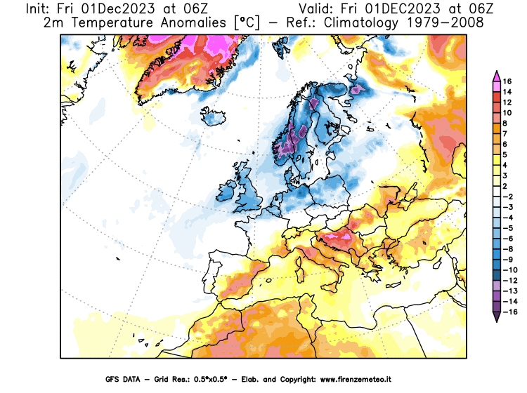 Mappa di analisi GFS - Anomalia Temperatura a 2 m in Europa
							del 1 dicembre 2023 z06