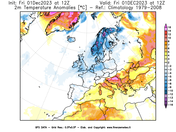 Mappa di analisi GFS - Anomalia Temperatura a 2 m in Europa
							del 1 dicembre 2023 z12
