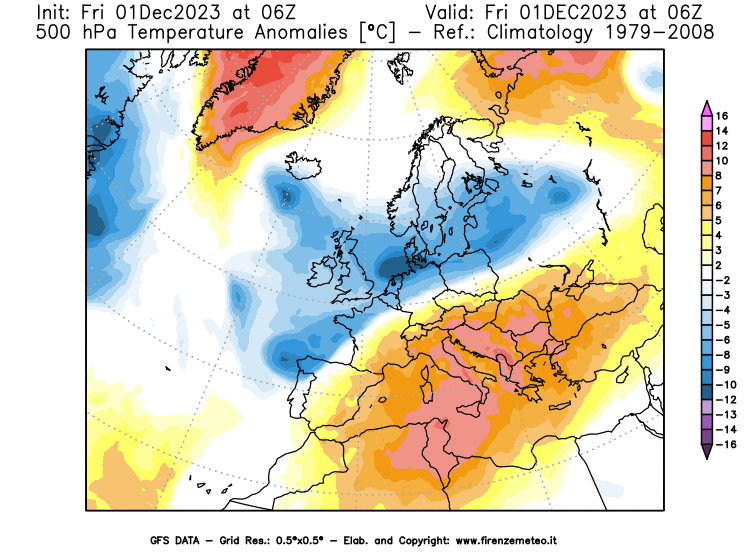 GFS analysi map - Temperature Anomalies at 500 hPa in Europe
									on December 1, 2023 H06