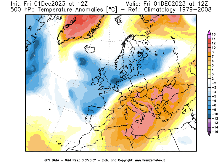 GFS analysi map - Temperature Anomalies at 500 hPa in Europe
									on December 1, 2023 H12