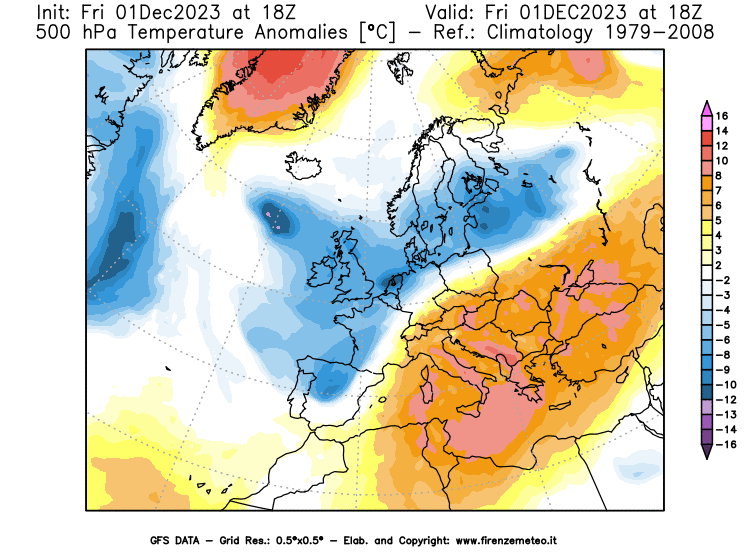 GFS analysi map - Temperature Anomalies at 500 hPa in Europe
									on December 1, 2023 H18