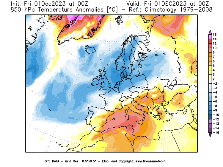 Mappa di analisi GFS - Anomalia Temperatura a 850 hPa in Europa
							del 1 dicembre 2023 z00