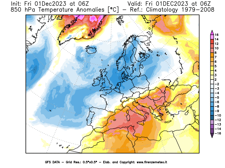 Mappa di analisi GFS - Anomalia Temperatura a 850 hPa in Europa
							del 1 dicembre 2023 z06
