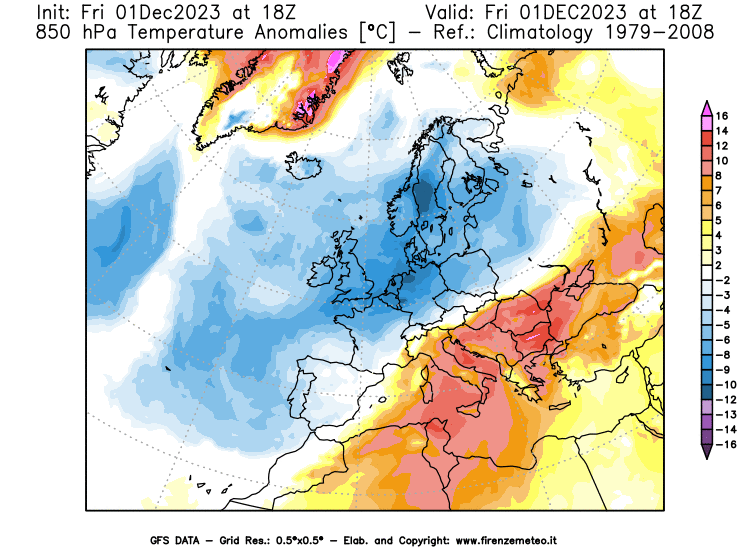 Mappa di analisi GFS - Anomalia Temperatura a 850 hPa in Europa
							del 1 dicembre 2023 z18