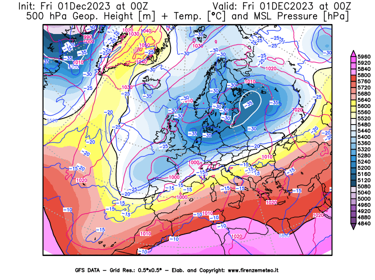 GFS analysi map - Geopotential + Temp. at 500 hPa + Sea Level Pressure in Europe
									on December 1, 2023 H00