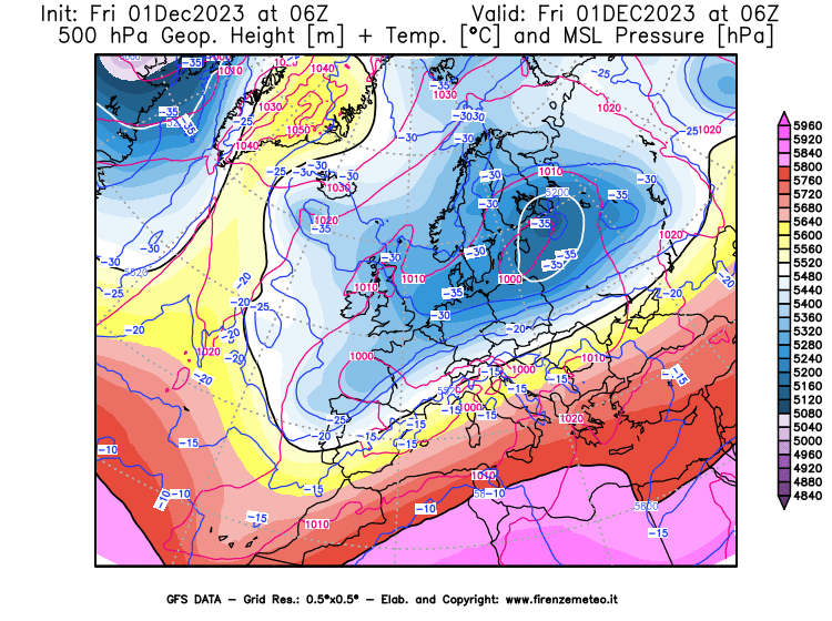 GFS analysi map - Geopotential + Temp. at 500 hPa + Sea Level Pressure in Europe
									on December 1, 2023 H06