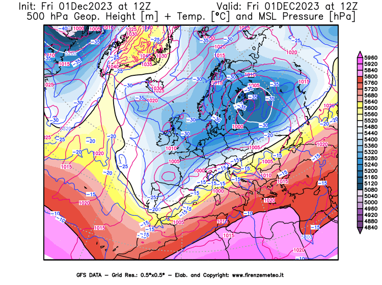 GFS analysi map - Geopotential + Temp. at 500 hPa + Sea Level Pressure in Europe
									on December 1, 2023 H12