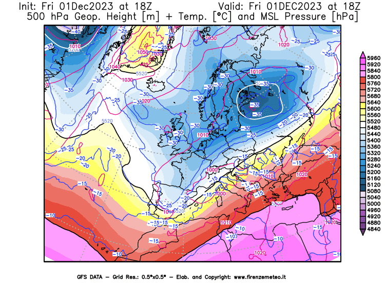 GFS analysi map - Geopotential + Temp. at 500 hPa + Sea Level Pressure in Europe
									on December 1, 2023 H18