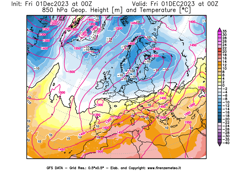 GFS analysi map - Geopotential and Temperature at 850 hPa in Europe
									on December 1, 2023 H00