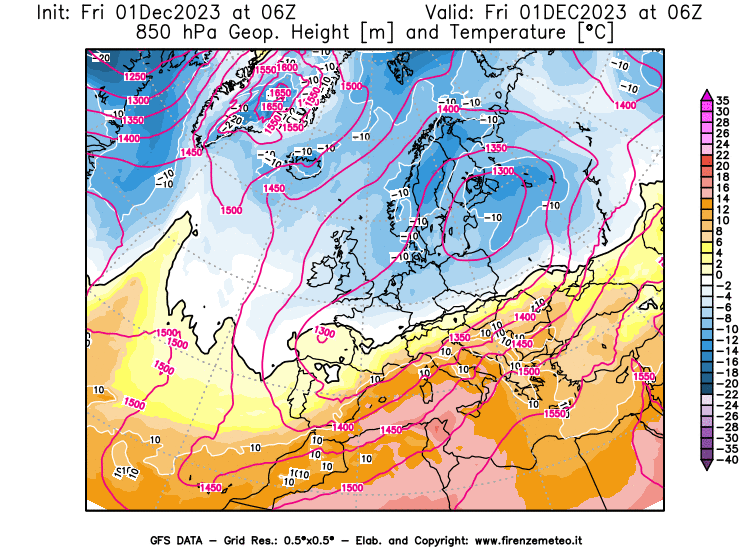 GFS analysi map - Geopotential and Temperature at 850 hPa in Europe
									on December 1, 2023 H06