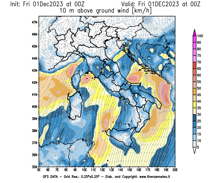 Mappa di analisi GFS - Velocità del vento a 10 metri dal suolo in Italia
							del 1 dicembre 2023 z00