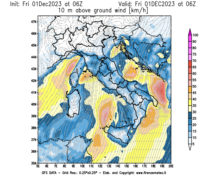 Mappa di analisi GFS - Velocità del vento a 10 metri dal suolo in Italia
							del 1 dicembre 2023 z06