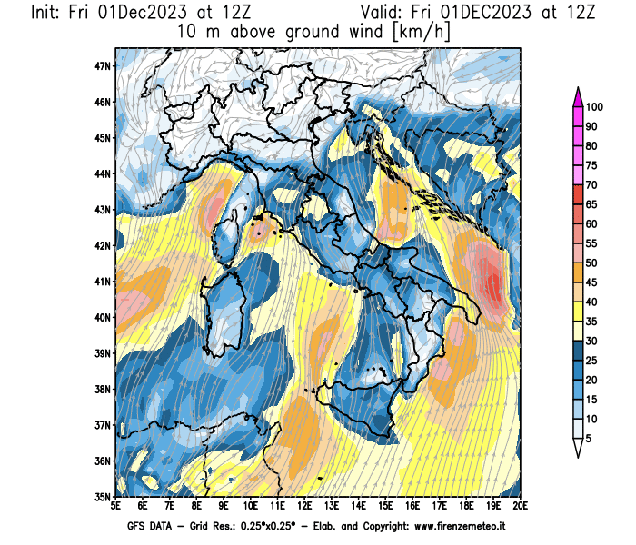 Mappa di analisi GFS - Velocità del vento a 10 metri dal suolo in Italia
							del 1 dicembre 2023 z12
