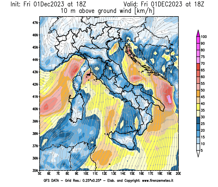 Mappa di analisi GFS - Velocità del vento a 10 metri dal suolo in Italia
							del 1 dicembre 2023 z18