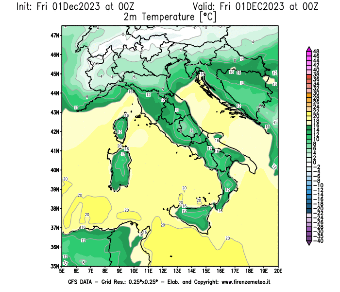 Mappa di analisi GFS - Temperatura a 2 metri dal suolo in Italia
							del 1 dicembre 2023 z00