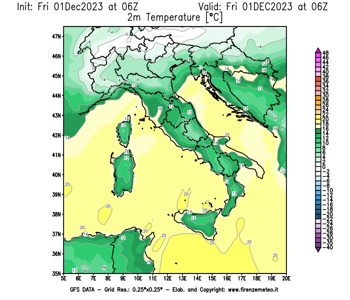 GFS analysi map - Temperature at 2 m above ground in Italy
									on December 1, 2023 H06