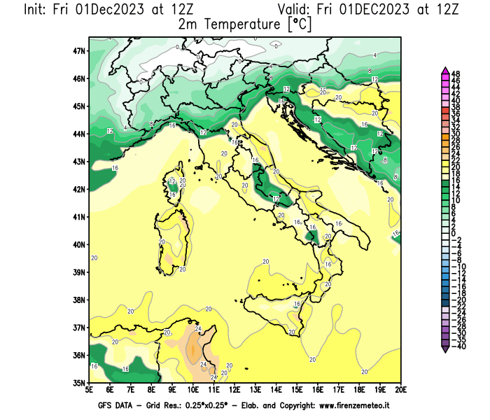 Mappa di analisi GFS - Temperatura a 2 metri dal suolo in Italia
							del 1 dicembre 2023 z12