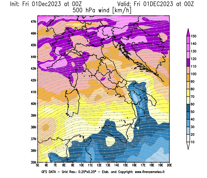 Mappa di analisi GFS - Velocità del vento a 500 hPa in Italia
							del 1 dicembre 2023 z00
