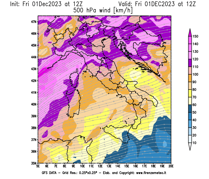 Mappa di analisi GFS - Velocità del vento a 500 hPa in Italia
							del 1 dicembre 2023 z12